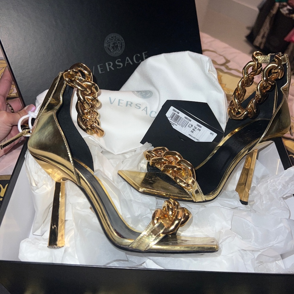 Gold Versace heels MEDUSA METALLIC CHAIN SANDALS